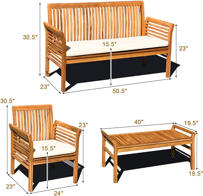 Tangkula 4 Piece Outdoor Acacia Wood Sofa Set with Water Resistant Cushions, Padded Patio Conversation Table Chair Set w/Coffee Table for Garden, Backyard, Poolside (1)