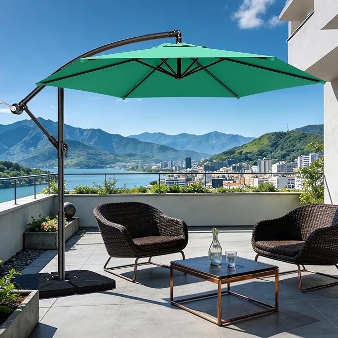 AreShark 10FT Patio Outdoor Umbrella, Offset Patio Umbrella Cantilever Umbrella, 6 Sturdy Ribs, Easy Adjustment for Garden Market Pool with Cross Base (Peacoke Blue)