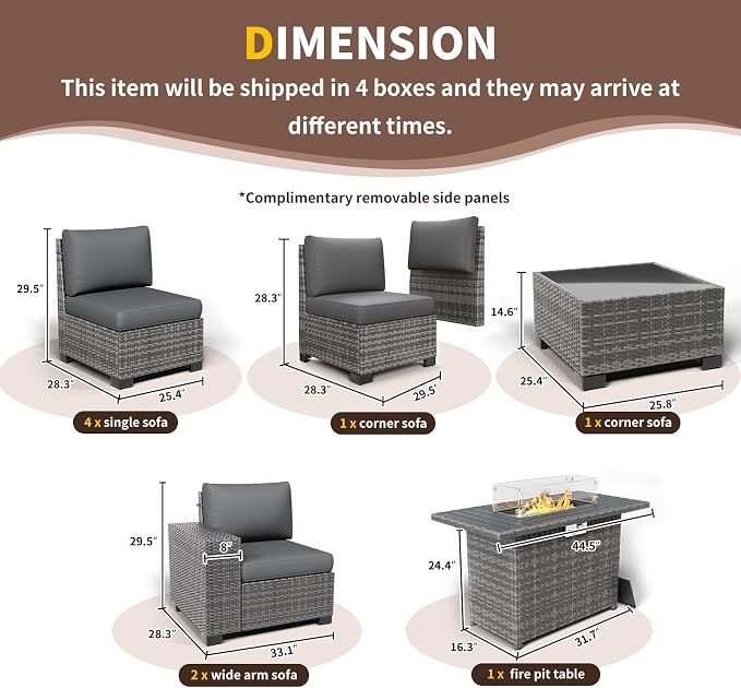 Patio Furniture with Fire Pit Table,8‘’ Wide armrest Outdoor Sectional Rattan Sofa Set, Wicker Patio Furniture Sets w/Coffee Table,Thick Cushions and Cover for Porch,Deck, 9PC (Grey&Grey)