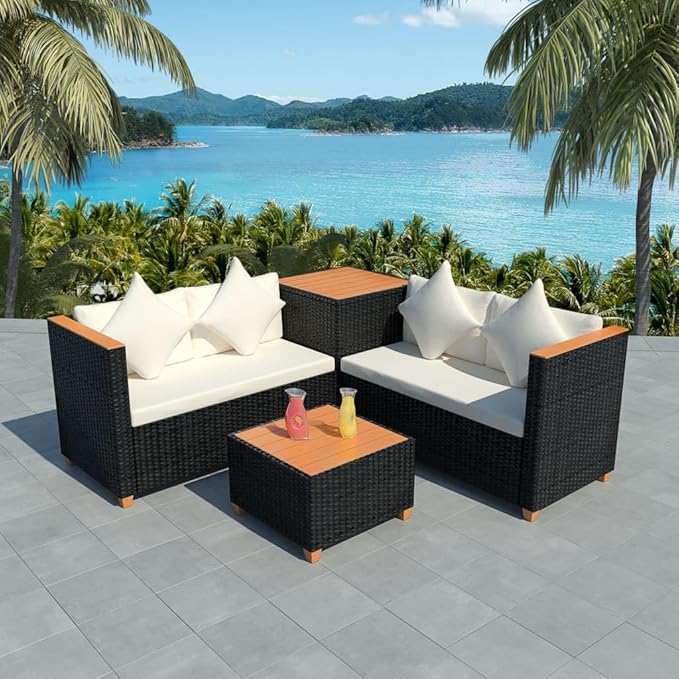 4 Piece Patio Lounge Set with Cushions, Porch Furniture Set Front Porch Furniture Patio Conversation Set Outdoor Sofa Sets for Garden Negotiation Area Piazza Exhibition Poly Rattan Black