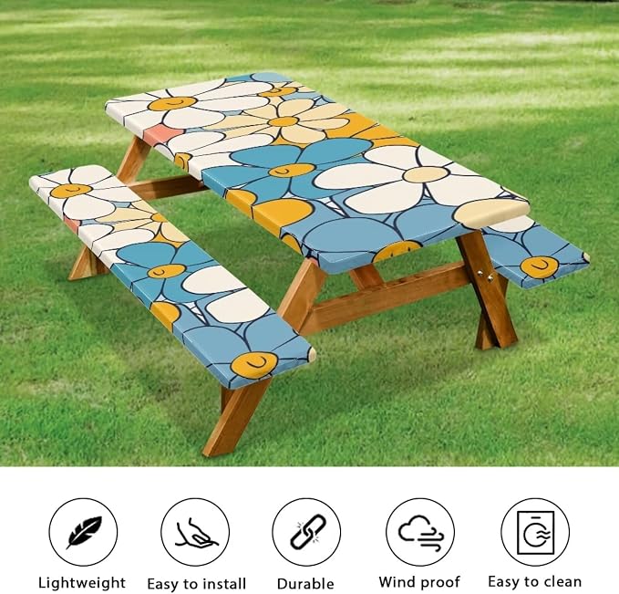 Cute Floral Picnic Table Cover with Bench Covers with Elastic Band Outdoor Camping Tablecloth Water and Oil Repellent Elastic Picnic Table Cover Suitable for Family Gatherings Vacations