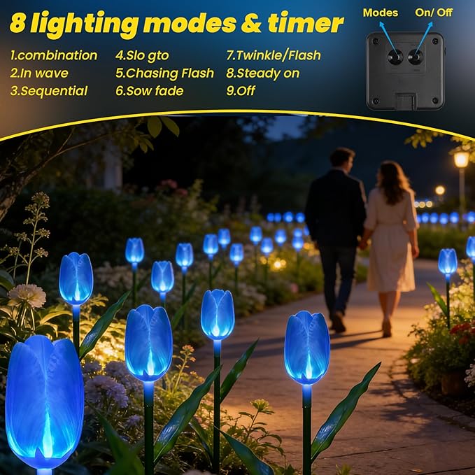 6PACKS Garden Gifts for Mother Day Decorations - Cute Artificial Tulip Blue Flower with Outdoor Path Lights Waterproof,Auto-On/Off,Bright Flower Solar Stake Light for Yard,Porch,Spring Decor