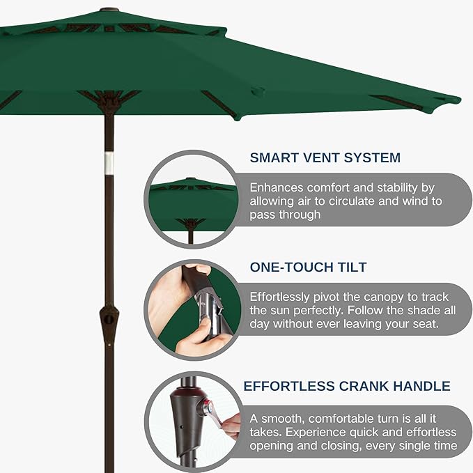 9FT Patio Umbrella 2-Tier Outdoor Market Table Umbrella with Push-Button Tilt & Crank | UPF 50+ & Waterproof for Backyard,Garden,Pool,Deck(Dark Green)