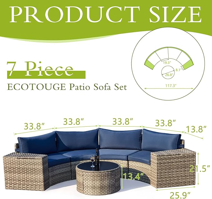 ECOTOUGE 9 Piece Outdoor Patio Half Moon Furniture, Patio Sectional Conversation Sofa Set with 30 Inch Propane Firepit Table Set for for Porch, Backyard and Garden (Blue)