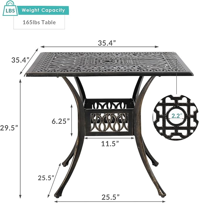 MEETWARM 35.4" Square Patio Dinning Table, Outdoor Cast Aluminum Dinning Large Table with 2.2" Umbrella Hole, Dark Bronze