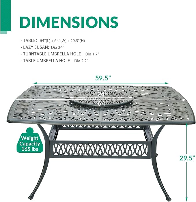 VIVIJASON Outdoor 64" Patio Dining Table for 8 Person, Large Square Dining Table with 24" Lazy Susan, Dark Bronze Cast Aluminum Rustic Patio Table W/Umbrella Hole for Balcony, Porch and Deck