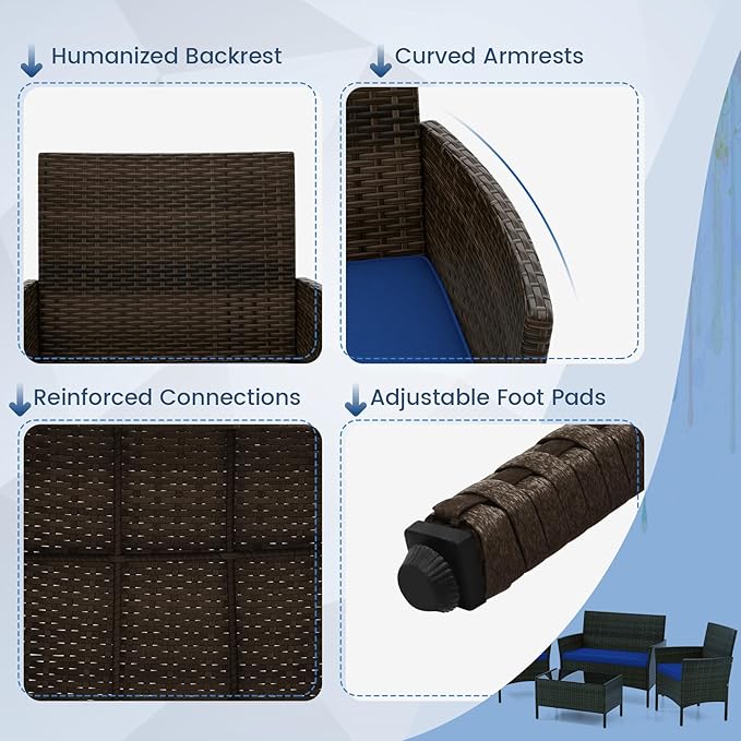 DORTALA 4-Piece Rattan Patio Furniture Set, Outdoor Table & Chair Set with Tempered Glass Coffee Table, Cushion, Wicker Conversation Set for Garden, Lawn, Poolside and Backyard, Navy