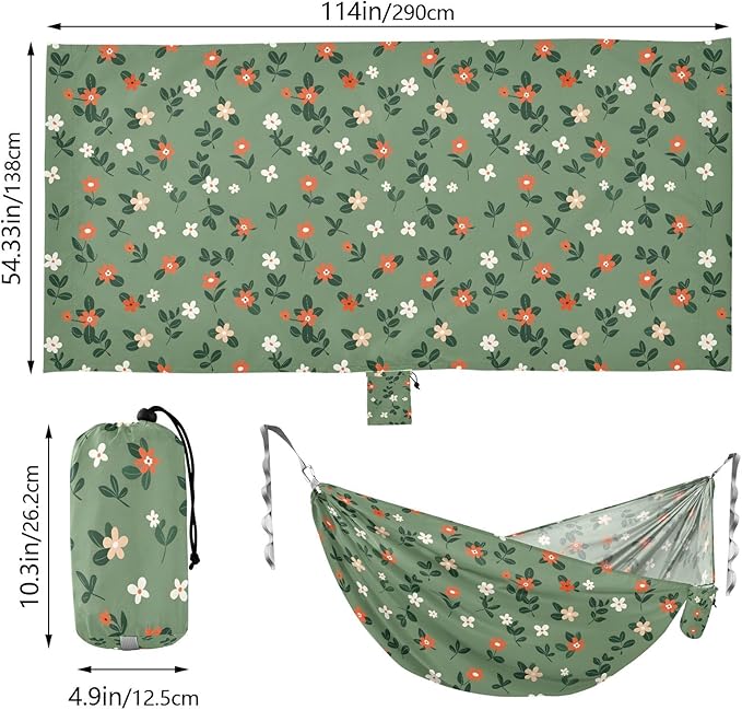 Camping Hammock Outdoor Hammocks for Outside Green Flowers Leaves Beach Trees Portable Lightweight with Pockets Tree Straps Indoor