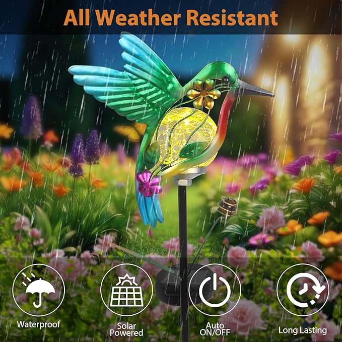 Solar Hummingbirds Garden Stake Lights for Outside 2 Pack Metal Hummingbird Outdoor Decor Waterproof Decorative Garden Stakes Yard Lawn Landscaping Ornaments Housewarming Gifts for Women Mom Grandma