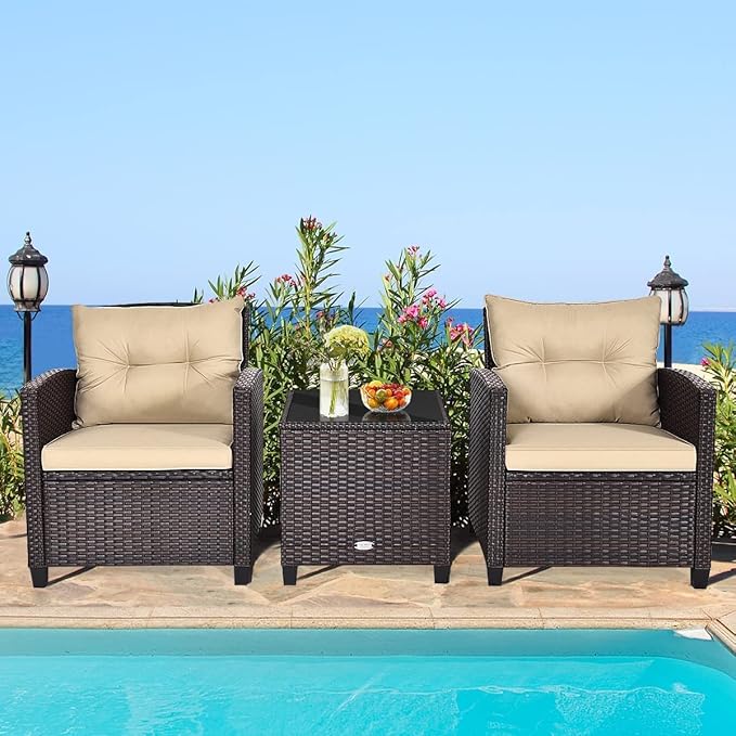 HAPPYGRILL 3 Pieces Patio Conversation Set, Outdoor Furniture Set PE Rattan Sofa Set with Removable Cushions, PE Wicker Chairs with Tempered Glass Side Table for Porch Lawn Garden Balcony Backyard
