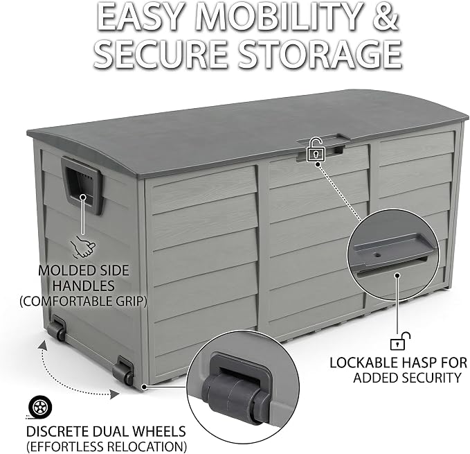 75 Gallon Outdoor Storage Box, 260L Waterproof Resin Deck Box for Patio Furniture Cushions, Garden Tools and Yard Accessories, Lockable Storage Chest with Wheels and Handles (Black+Brown)