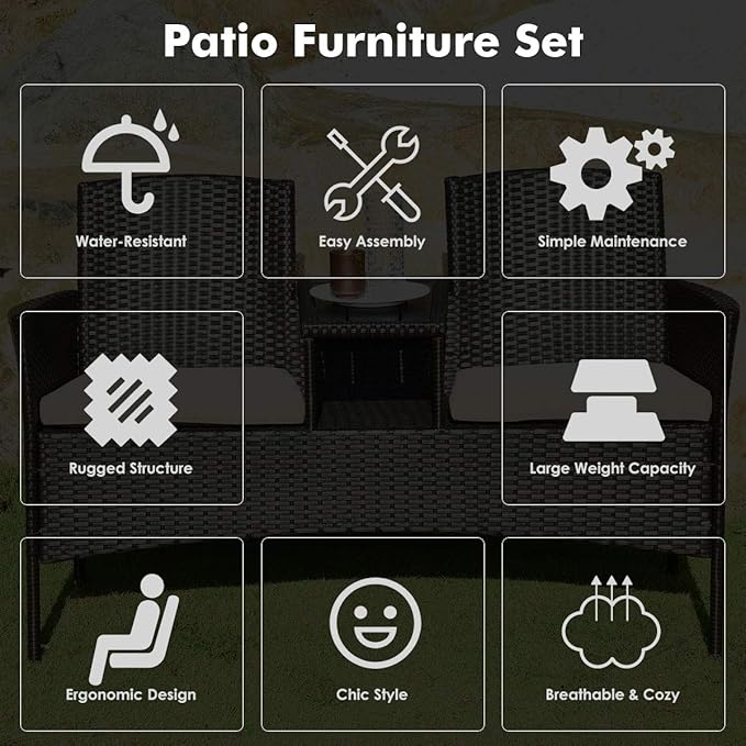 Tangkula Outdoor Rattan Loveseat with Built-in Coffee Table, 2-Person Patio Conversation Set with Cushions & Table, Modern Patented Wicker Sofa Set, Wicker Sofa for Garden Lawn Backyard, Beige