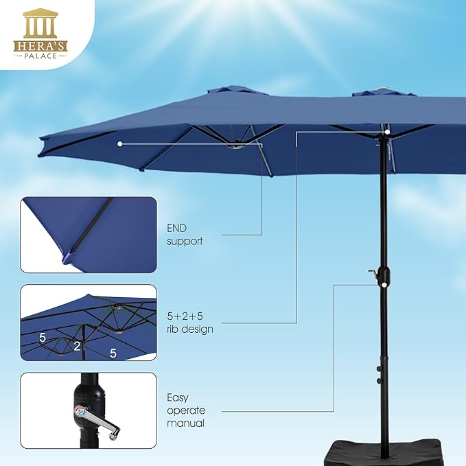 HERA'S PALACE Umbrella Patio Outdoor with Base 15ft Table Double Market Rectangle Umbrellas Clearance Large Included Stand for Deck Outside Pool Picnic Inground Yard Commercial, Haze Blue