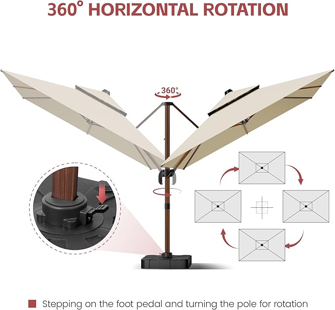 GENTEACO 10x13FT Wood Pattern Cantilever Patio Umbrella, Double Top Rectangle Offset Umbrella 7 Angle Tilts & 360° Rotation, Large Heavy Duty Outdoor Sun Umbrella for Pool Market, Beige