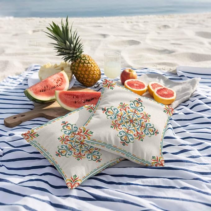Geometric Flowers Outdoor Pillow Covers 16x16 Inch Throw Pillow Covers Set of 2 Waterproof Decorative Pillow Cases Modern Abstract Colorful Floral on Linen Cushion Covers for Patio Furniture Garden