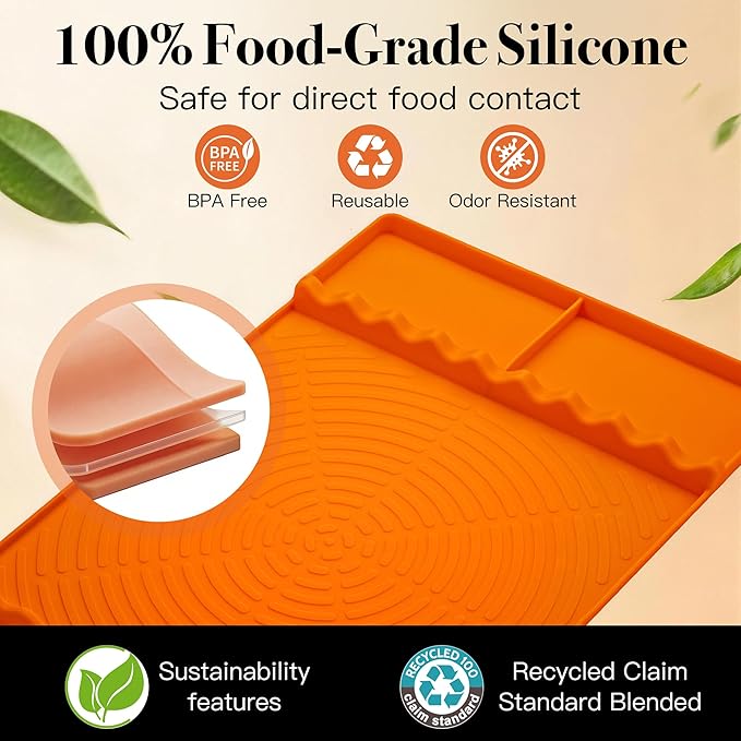 Silicone Grill Mat for Blackstone - BBQ Griddle Tools Side Mat with Drip Pad, Griddle Tools Mat for Outdoor Kitchen Countertop, BBQ Grill Accessories Gifts for Men (Orange-2Pack)