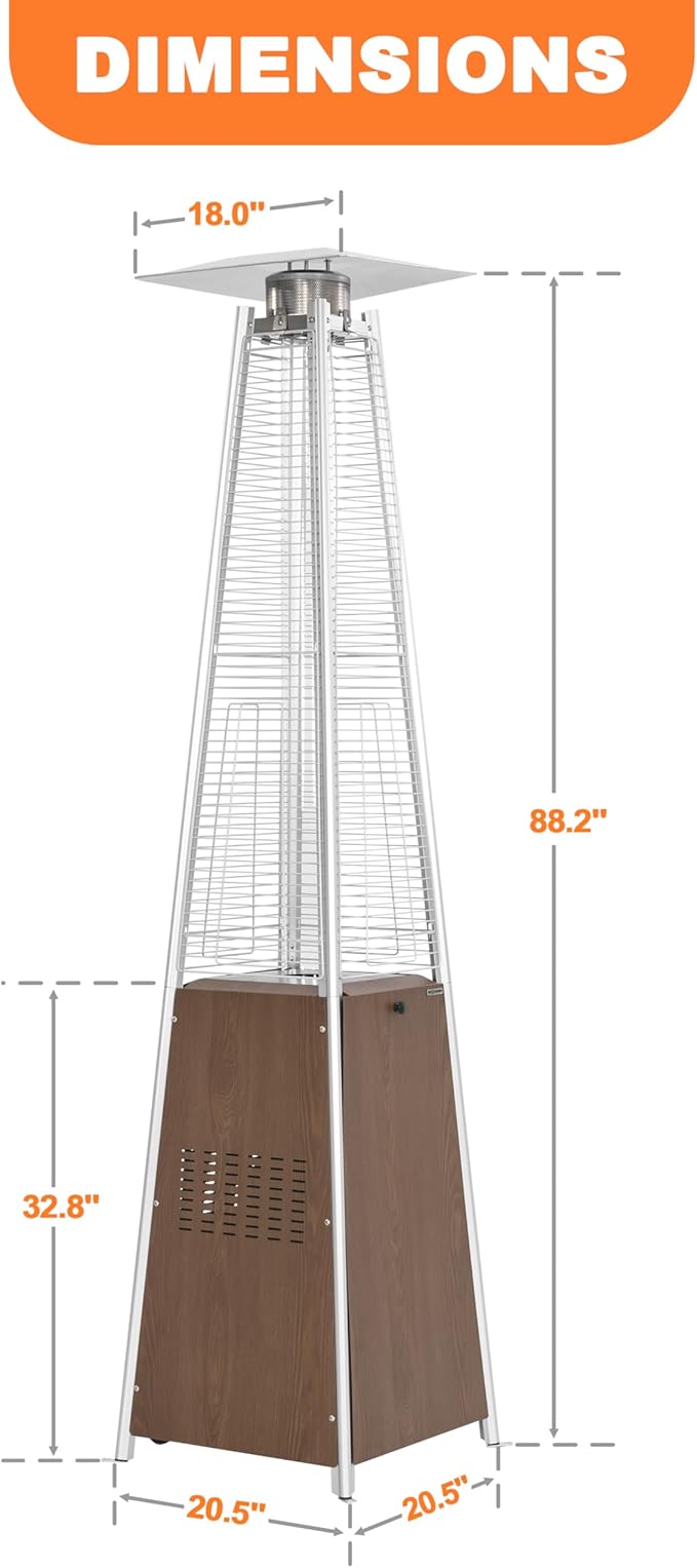 Nuu Garden Pyramid Propane Patio Heater 48,000 BTU with Wheels, Outdoor Glass Tube Heating Tower for Deck, Porch, Camping, Backyard, Stainless Steel Burner, Wood-Grain Finish