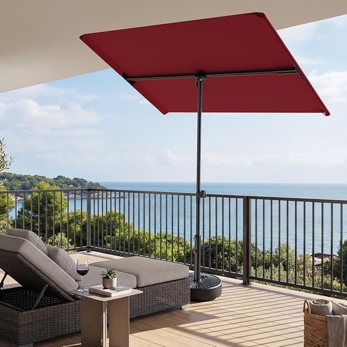 HOMSHADE 6x4ft Outdoor Balcony Umbrella - Flat Porch Pool Patio Umbrella Rectangular Canopy Shade UPF50+ UV Protection 360° Rotating & Tilting All Angles Applicable (Red, No Base)
