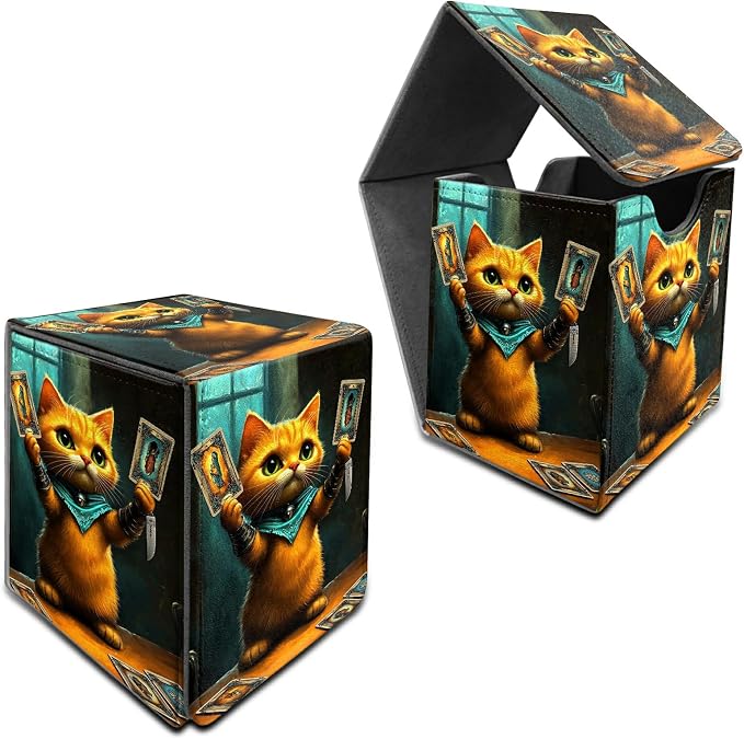 Chess Card Cat Card Deck Box for MTG, Personalized Card Storage Case Fits 120+ Sleeved Cards, Premium Leather TCG Box with Strong Magnetic Closure for Magic, CCG, PTCG, Baseball Cards