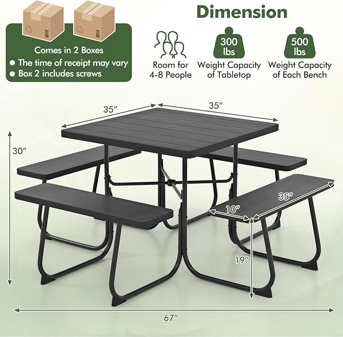 Square Picnic Table for 8 Person, Outside Table Bench Set w/ 4 Built-in Benches, Umbrella Hole, HDPE Top & Metal Frame, 2000LBS Capacity Outdoor Picnic Table for Garden, Porch, Patio (Black)