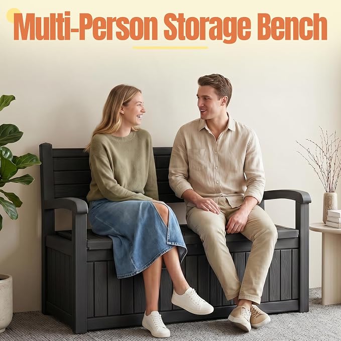 Storage Bench Outdoor Deck Box,100 Gallon Waterproof & UV Resistant Lockable Patio Furniture Seating.Indoor/Outdoor Shoe Storage Cabinet for Garden Cushions,Tools,Patio,Pool Supplies(Black)