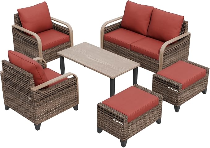 COOS BAY Modern Wicker Outdoor Furniture Set, 6 Piece Patio Conversation Set with 2 Patio Chairs, a 3 Seat Couch, 2 Ottomans and Coffee Table, 6 Piece, Brown/Red