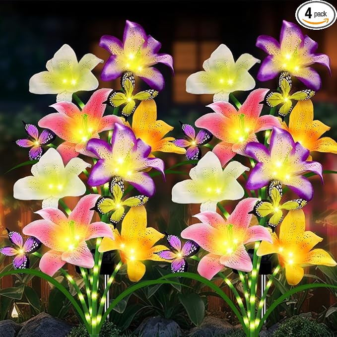 Solar Lights Outdoor, Gift for Women Mom Grandma, 4 Pack with 16 Solar Lily Flower Lights and Butterfly Decor, Solar Flower Lights Waterproof, Outside Decor Stake Light for Landscape Yard Patio Lawn