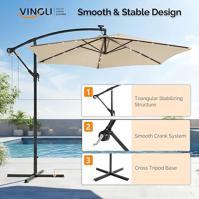 VINGLI 10 ft Cantilever Patio Umbrella, Offset Cantilever Outdoor Umbrella with Solar Lights, Easy Crank & Tilt Adjustment for Backyard, Poolside, Deck