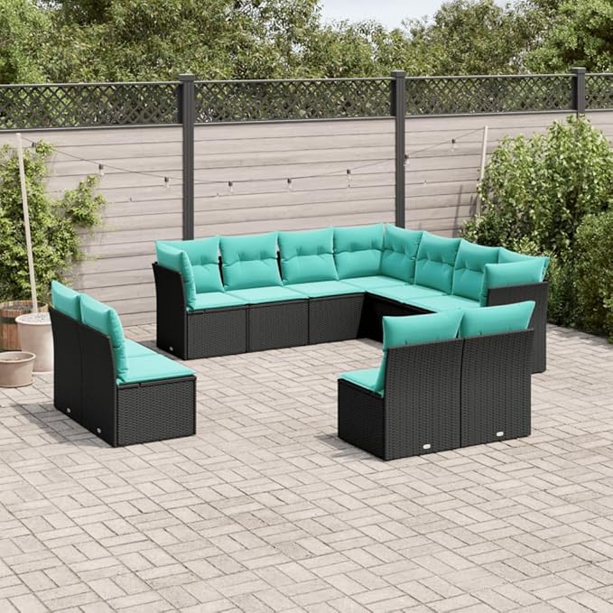 11 Piece Patio Sofa Set with Cushions, Patio Conversation Set Sectional Sofa Front Porch Furniture Porch Furniture Set for Exhibition Negotiation Area Garden Poolside Black Poly Rattan