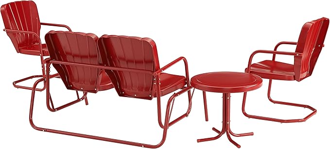 Crosley Furniture Ridgeland 4-Piece Retro Metal Outdoor Loveseat Glider Patio Furniture Set for Porch, Deck, Bright Red Gloss