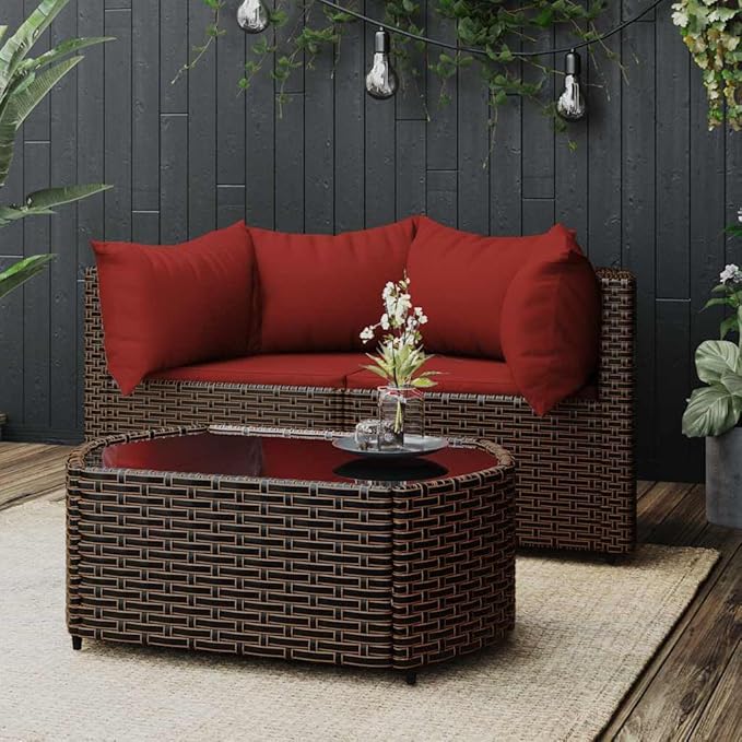 3pc Brown Rattan Patio Lounge Set: Sofa, Coffee Table, Steel Frame, Tempered Glass, Modular for Backyard/Deck/Poolside 20.9x30.7x11.6in
