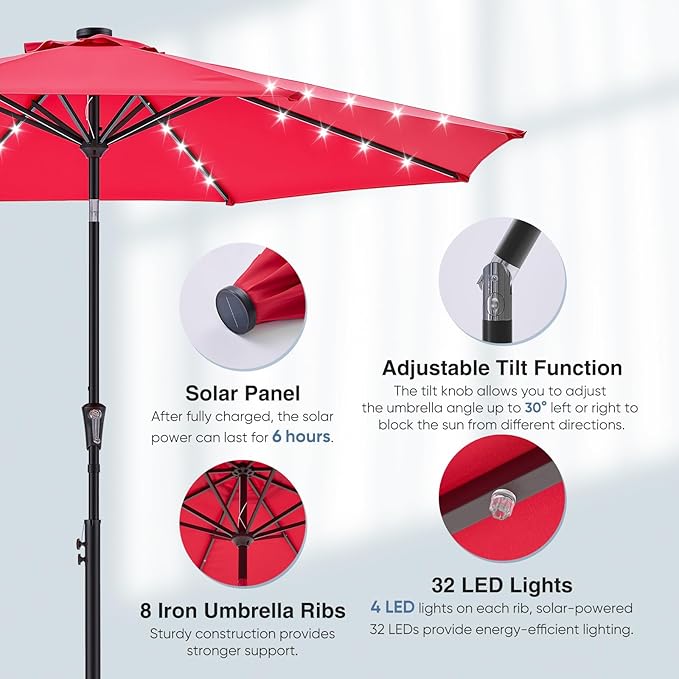 DUMOS LED Outdoor Patio Umbrella 10 FT UV-Resistant Market Umbrella with Tilt Adjustment & Crank Lift, All-Weather Shade for Backyard, Deck, Garden, Beach