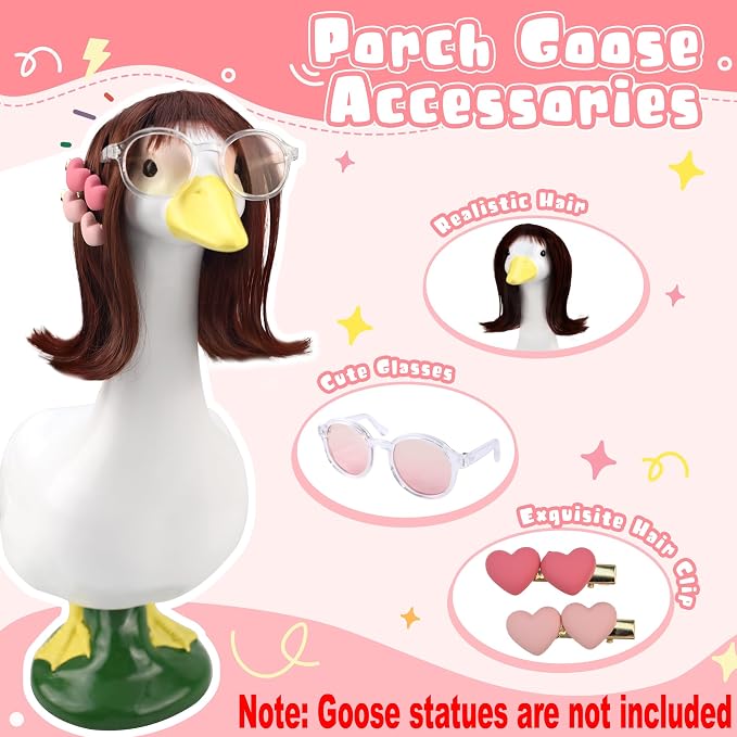 Porch Goose Wigs Accessories 2 Pack with Sunflower Hair Clips Fall Porch Goose Braid Wigs Autumn Pastoral Style Outdoor Decor for Lawn Goose Statues