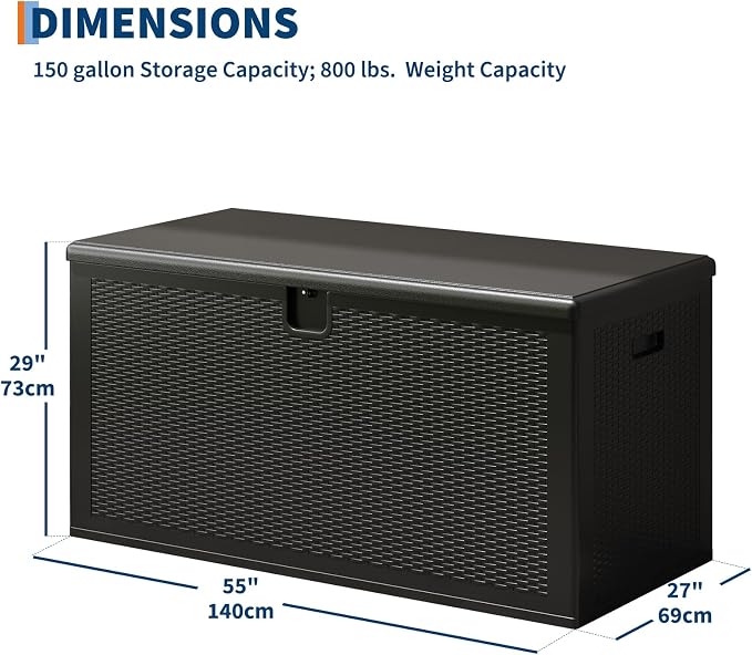 Takywep 150 Gallon Resin Outdoor Deck Storage Box, Weather Resistant Patio Storage Bin with Lockable Hinged Lid, Built-in Side Handles, Weight Bearing Bench Seat for Garden Pool Porch Supplies, Black