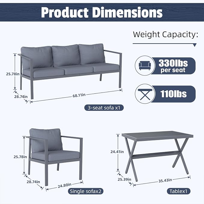 Aug-guan Aluminum Patio Furniture Set 4 Piece, Outdoor Conversation Set with 5" Cushions, Olefin Fabric, Rustproof Frame, Non-Slip Feet, Compact Patio Sofa Set for Balcony, Backyard, Porch,Grey