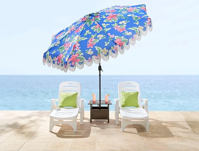 BrylaneHome 9 Ft. Tilt-N-Crank Umbrella With Fringe