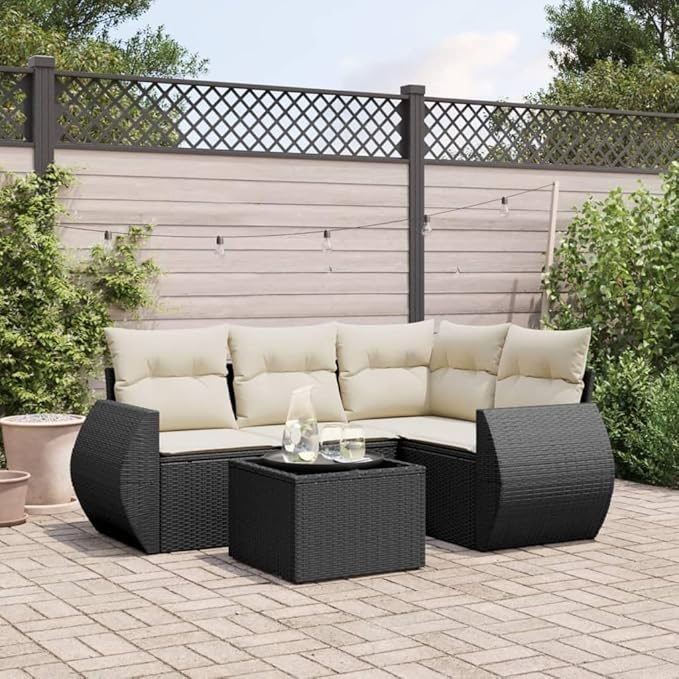 5 Piece Garden Sofa Set Black Cream White Poly Rattan Outdoor Patio Conversation Set 21.7x21.7x14.6 in Glass Table Storage Seat 242 lbs Each for Terrace Balcony Porch