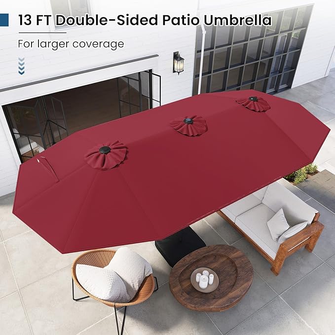 Tangkula 13FT Double-Sided Solar Patio Umbrella, Extra-Large Outdoor Twin Umbrella with 36 LED Lights, Vented Top, Crank Handle, 12 Ribs, Weighted Base Included for Backyard Poolside Deck (Wine)