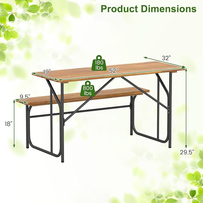 HAPPYGRILL Picnic Table Bench Set for 2, Acacia Wood Dining Table and Bench Set with Heavy Duty Metal Frame, for Patio, Porch, Garden and Backyard
