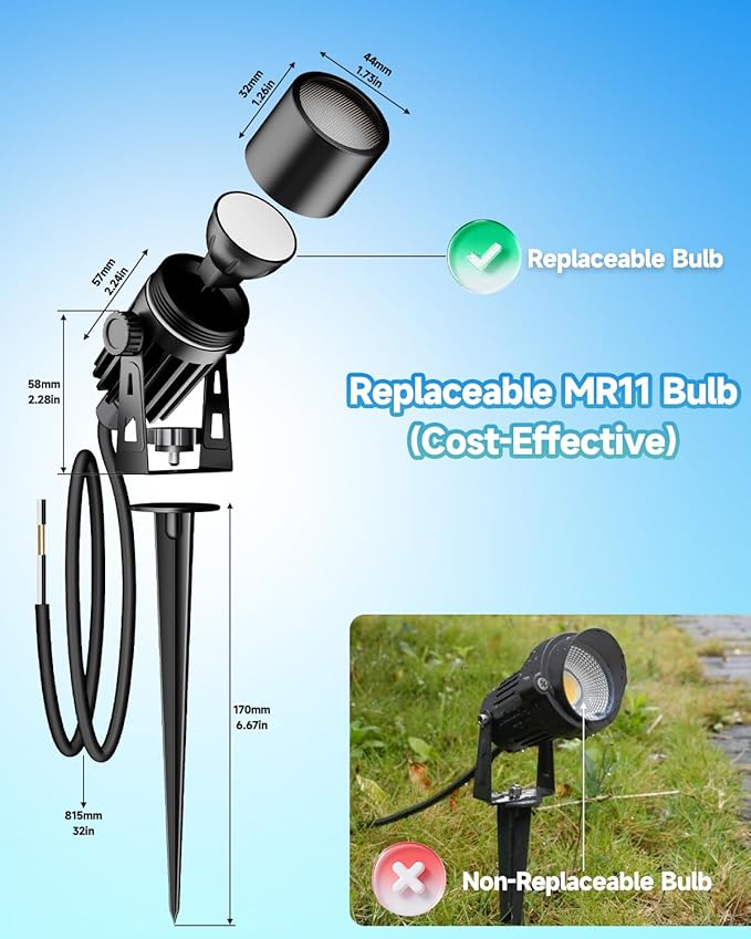 Outdoor Mini Spotlights, MR11 LED Bulb 12V Low Voltage Landscape Spotlight 2W 200lm, 2700K Warm White IP65 Waterproof Aluminum Light Fixture, 1 1/4" Short Head 2-Count
