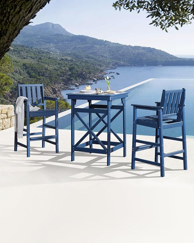 Adirondack Bar Chair Set of 2, HDPE Tall Adirondack Chairs Bar Stools with Footrest, Outdoor Bar Height Stool Chair Set, HDPE Patio Barstools Set for Poolside, Balcony, Garden, Navy