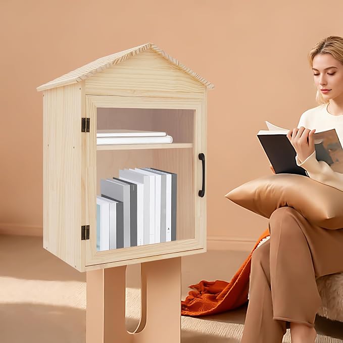 Outdoor Library Box, 15.74x11x23inch Wood Literature Exchange Box DIY Little Wood Cabinet with Shelf for Outside Neighborhoods Community and Schools Sharing Books Literature (Gable Roof)