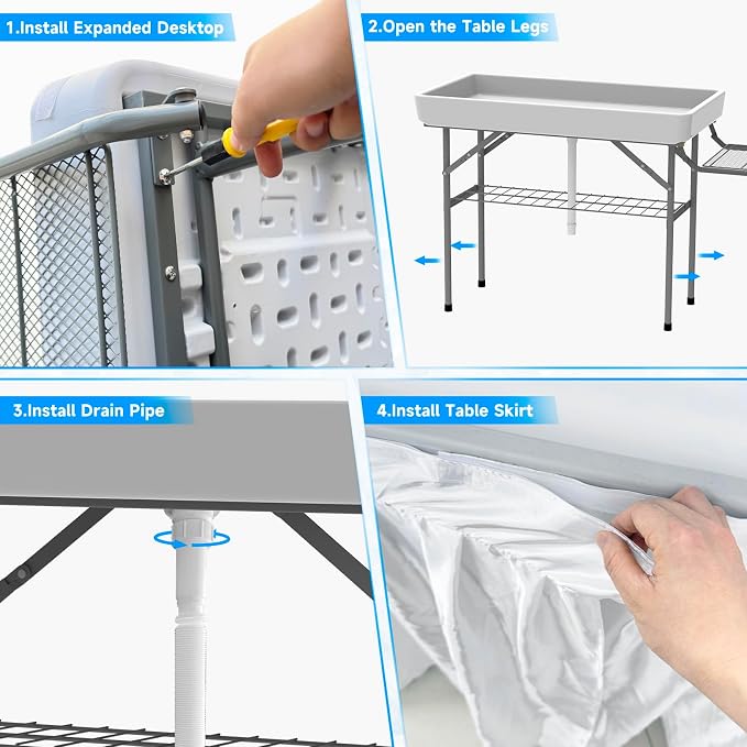 Folding Ice Cooler Table with Metal Side Desktop, Skirt &Drain Hose Plastic Chill Table to Keep Drinks Cool, Portable Self-Serving Beverage Cooling Bar for Parties, Picnics, Barbecues(White