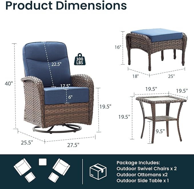 Luxury 6-Inch Cushion Outdoor Patio Furniture Set with Ottoman, Outdoor Swivel Rocker Patio Chairs with Side Table, Wicker Conversation Set for Deck Porch Garden Balcony and Poolside Blue