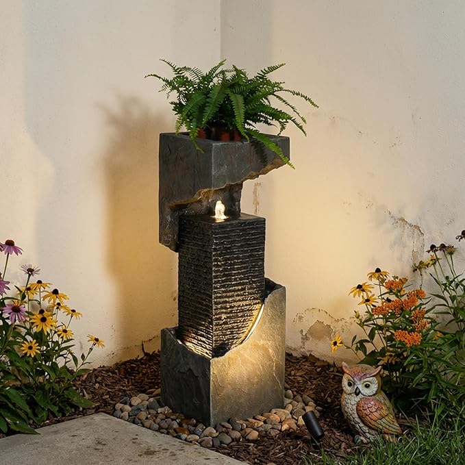 Bumilgar 35.4" H Garden Water Fountain Outdoor&Indoor, Floor Standing Outdoor Water Feature with LED Lights and Pump for Garden, Patio, Deck, Backyard, Porch and Home Art Decor, Gray