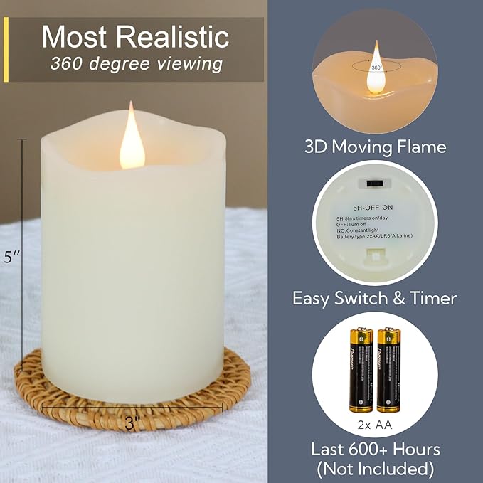 TECHLONG Flameless Candles Battery Operated with Remote Timer, 3D Moving Flame Flickering, Last 600+ Hours Battery Candles, 3" x 5" Ivory Real Wax Electric LED Candle for Wedding Party, Set of 2