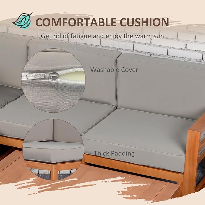 Outsunny 4 Seater L Shaped Patio Furniture Set with Coffee Table and Cushions, Wood Outdoor Sectional Sofa Conversation Set for Garden, Backyard, Porch and Poolside (Gray)