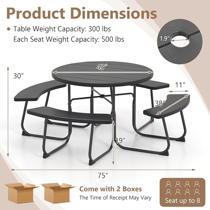 COSTWAY Round Picnic Table with Umbrella Hole, Outdoor Picnic Table with Bench Set for 4-8 People, HDPE Tabletop, Patio Dining Furniture Set for Family Gatherings, BBQ Party, Backyard (Black)