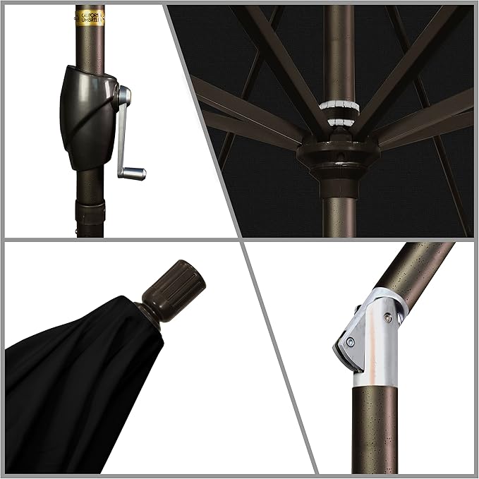 California Umbrella 9' Round Aluminum Market Umbrella, Crank Lift, Push Button Tilt, Bronze Pole, Black Olefin