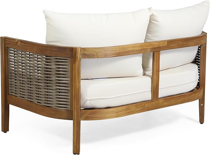 Christopher Knight Home Kayiz Patio Acacia Wood Conversation Set, Outdoor Loveseat with Coffee Table, Outdoor Chat Set Seating Group for Backyard Deck, PE Rattan Accents, Teak+Mixed Brown+Beige